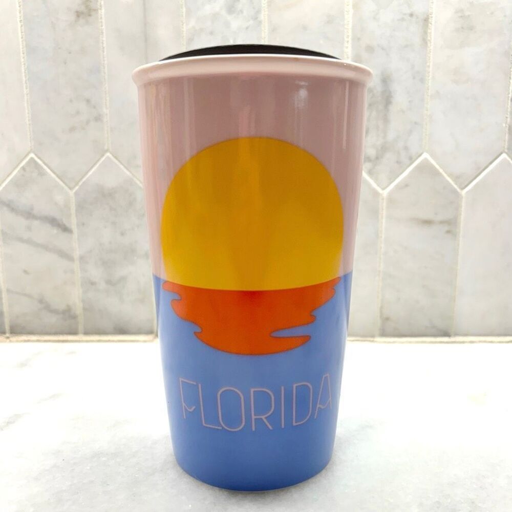 Vintage Starbucks Florida Sunset W/ Pelican Ceramic Coffee Tumbler W/ Lid Multi